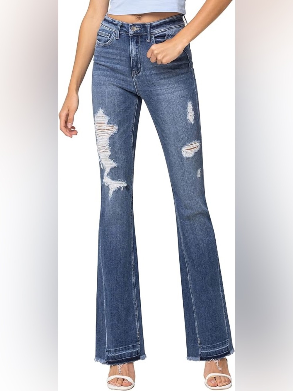 Flying Monkey High Rise Distressed Insert Panel Released Hem Flare Jean 30 chic